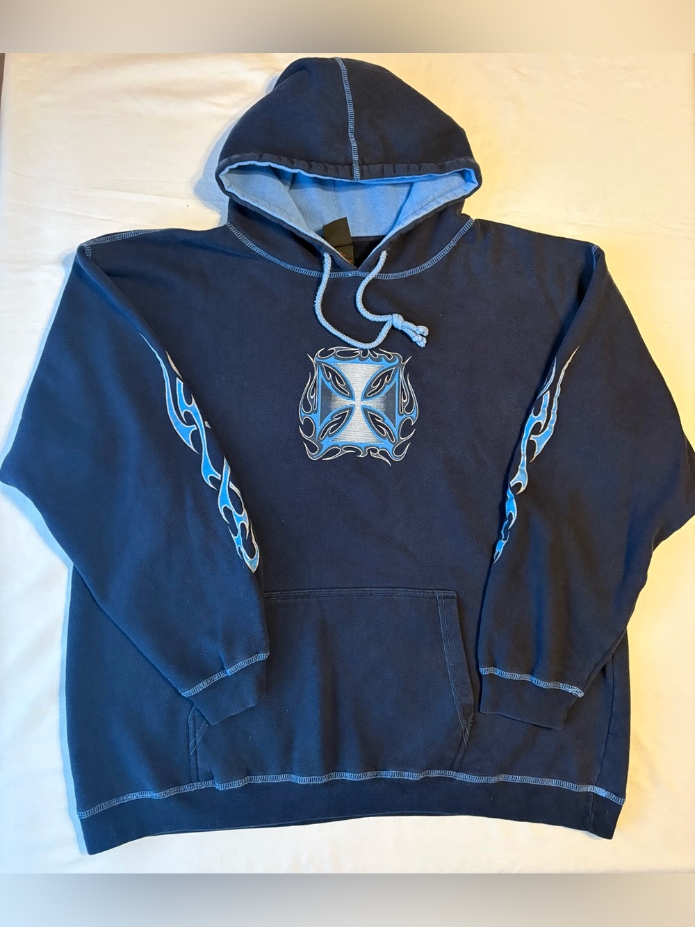 Vintage Y2K Verbal Assault Tribal Cross Hoodie XL Navy Blue Skater JNCO Style